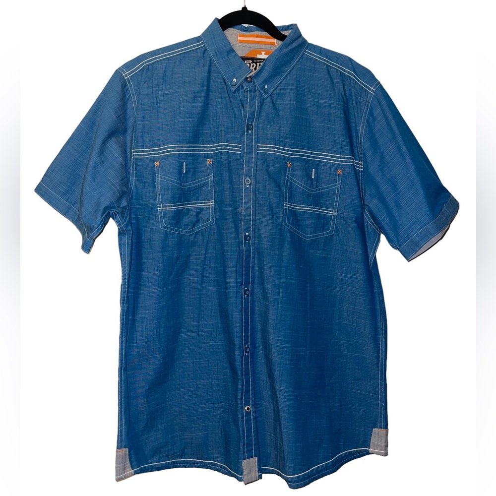 Short Sleeve Button Down Collared Shirt - Men’s XL - Blue Linen look
